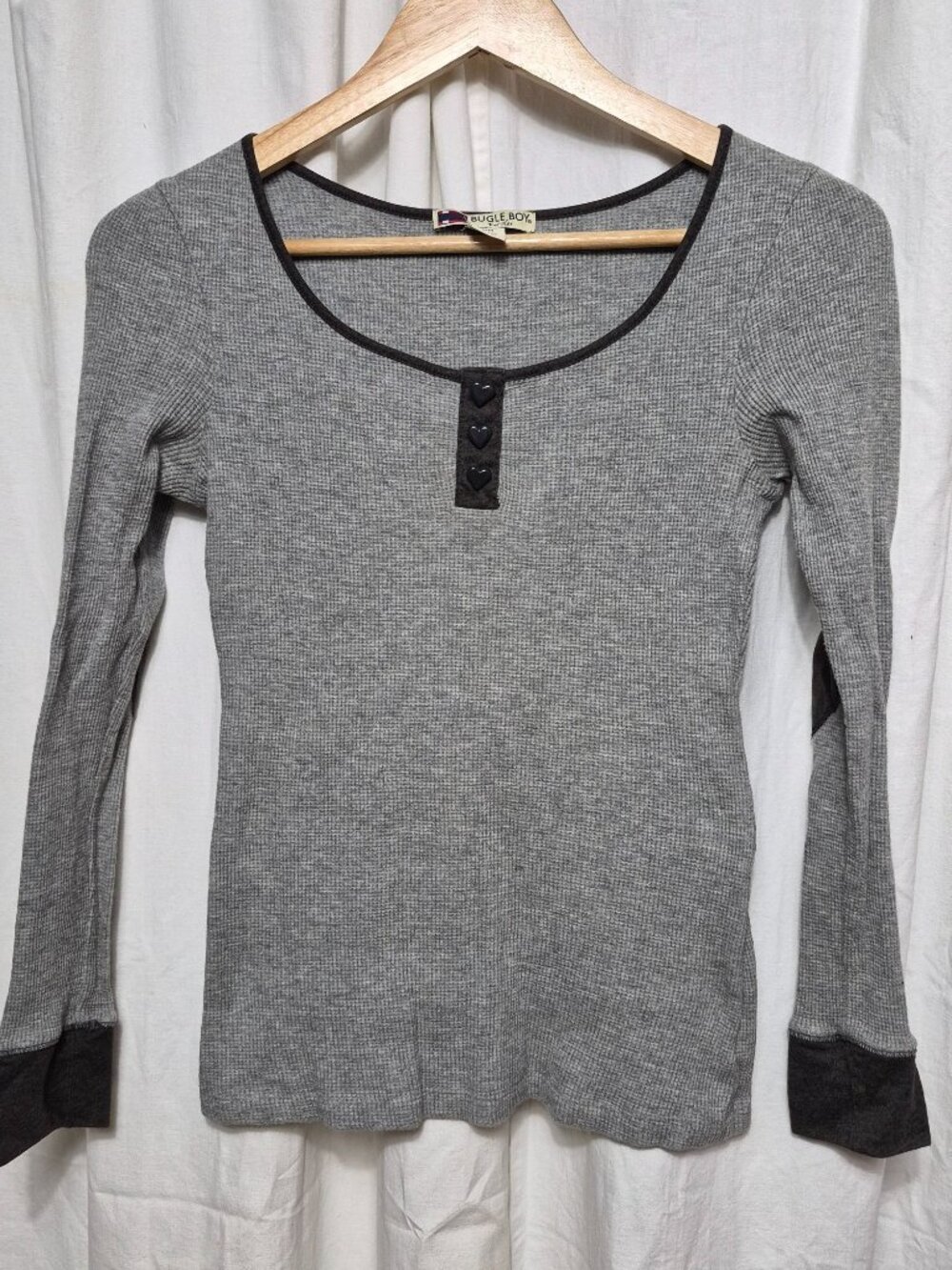 Bugle Boy Medium Grey Ribbed Y2K 90s Thermal Elbow Patch Casual Lounge Party Top